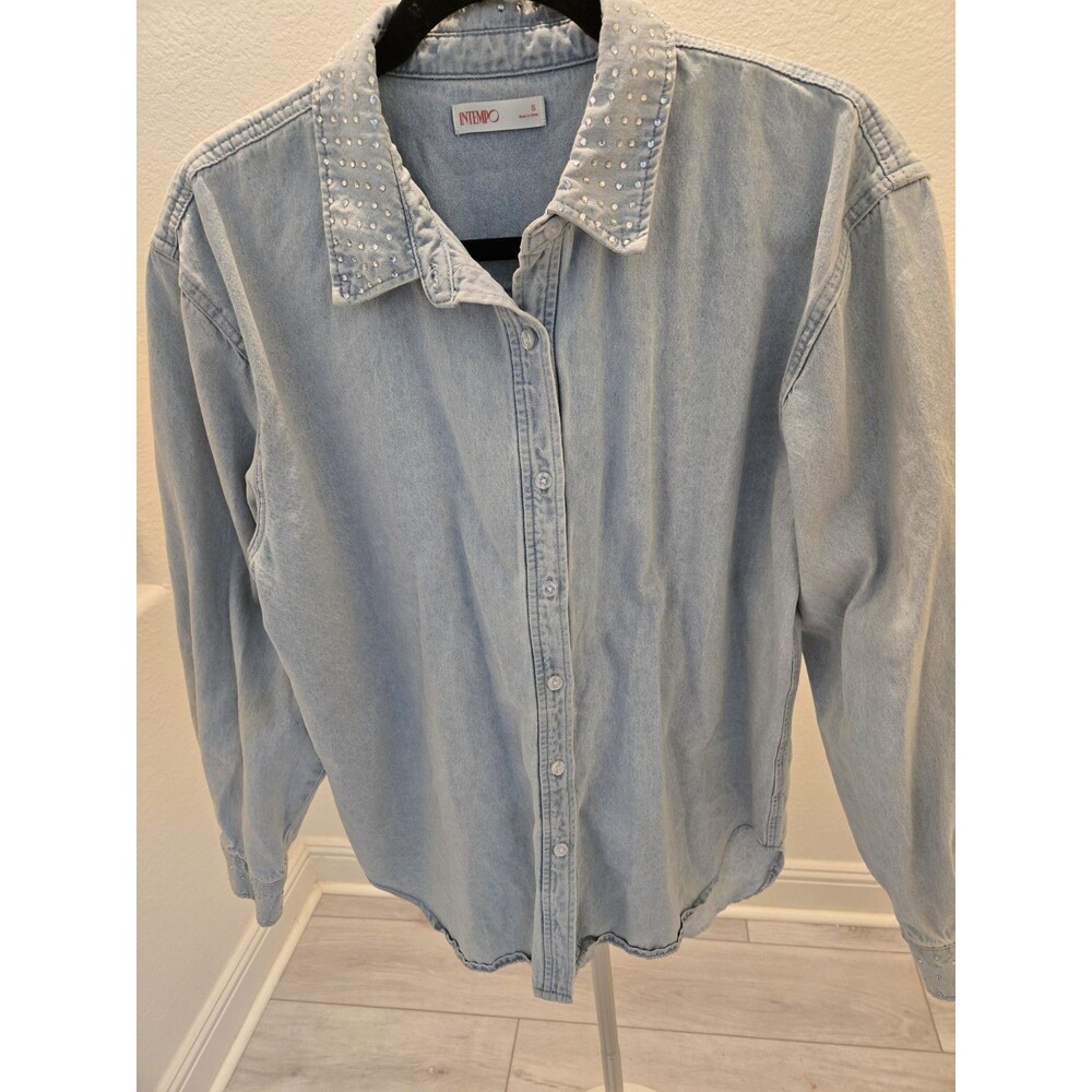 Intempo Rhinestone Embellished Bling Oversized Western Denim Shirt S/M Women S